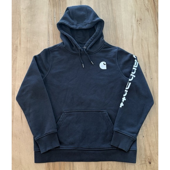 Carhartt Tops - Womens Carhartt Size Large 12-14 Logo Sleeve Hoodie Black Relaxed Fit Sweatshirt